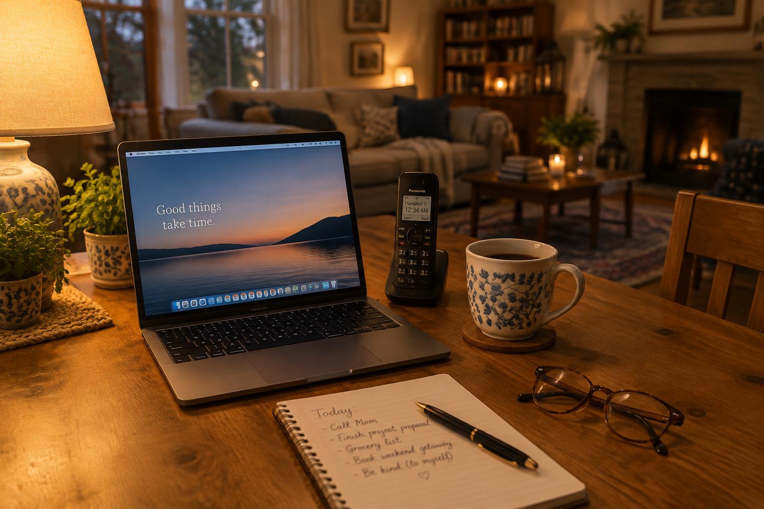 A kitchen table with a phone, notepad and coffee in the evening — the moment you call about a claim