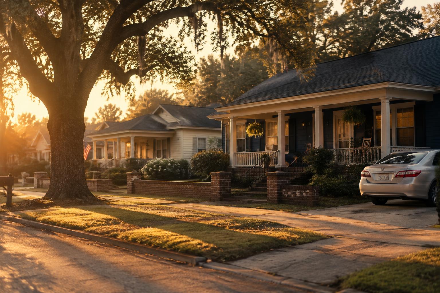 A quiet residential street in a small Tennessee town at golden hour