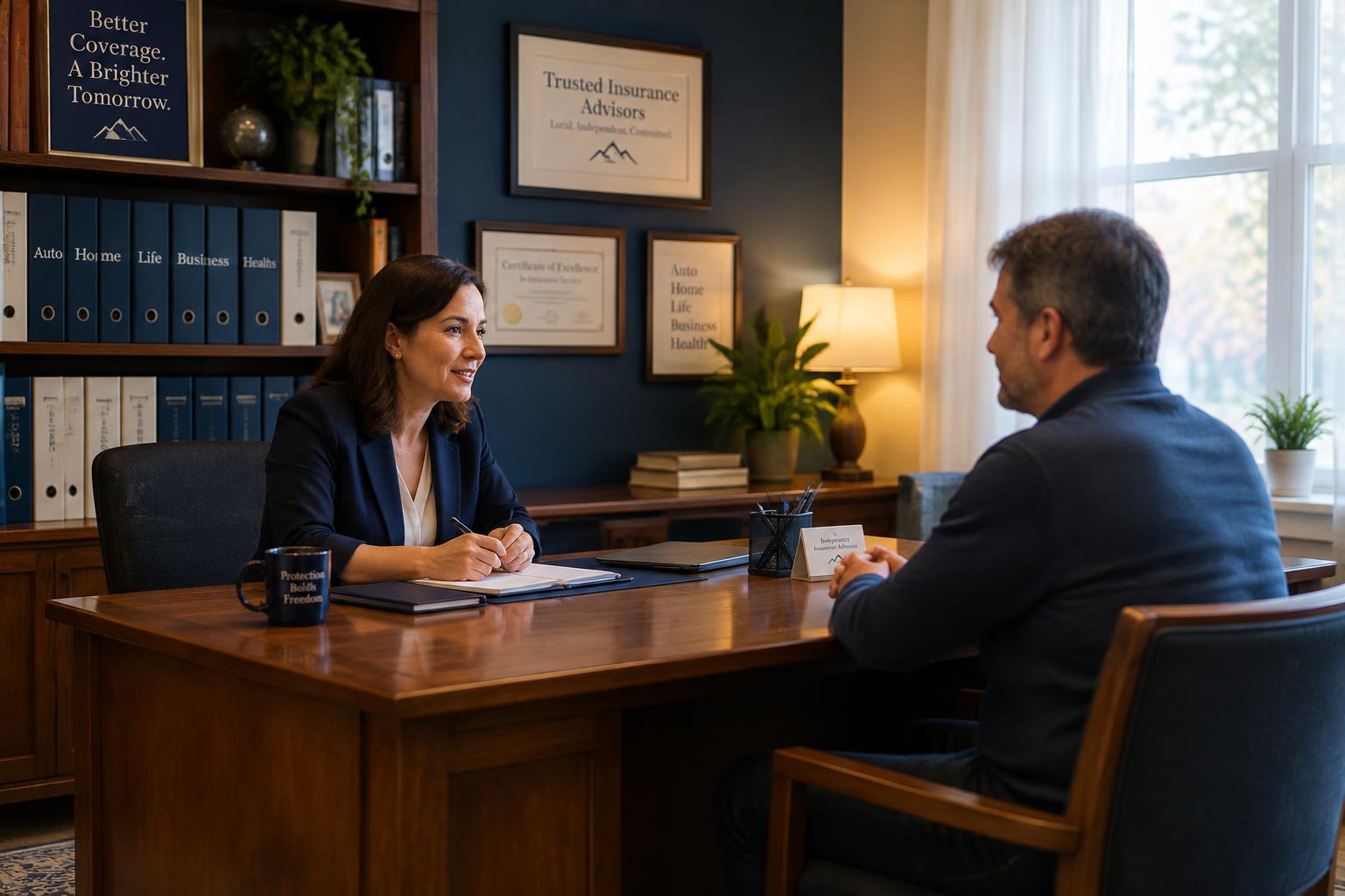 An agent at Kelley Insurance sitting with a client across a desk in the office